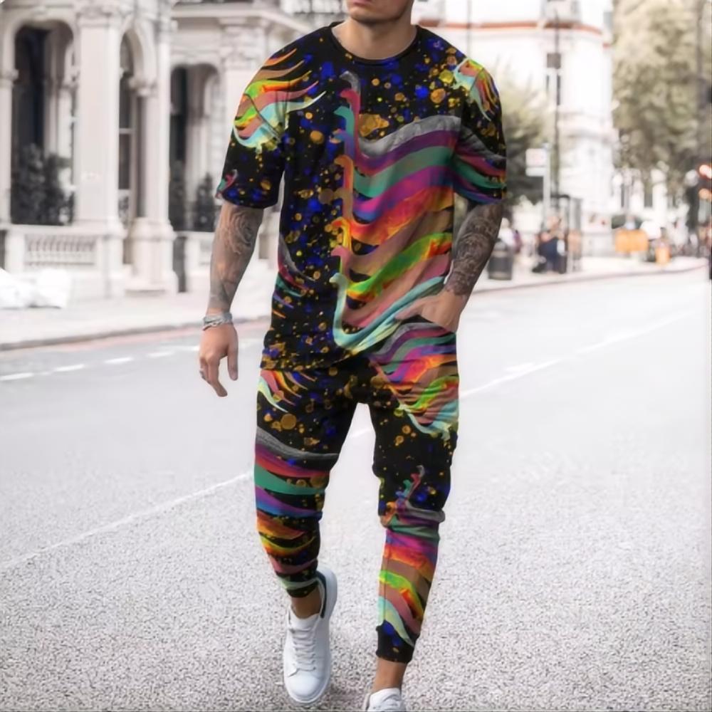 Summer Fashion Striped Simplest Bee Pattern 3D Printed Fashion Short Sleeved T-shirt Long Pants Men's Set