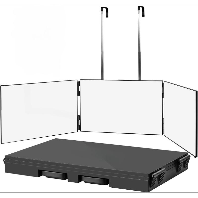 Trifold Shaving Mirror with Height Adjustable Telescoping Hooks for Self Hair Cutting Makeup Essential Fordable Portable Black