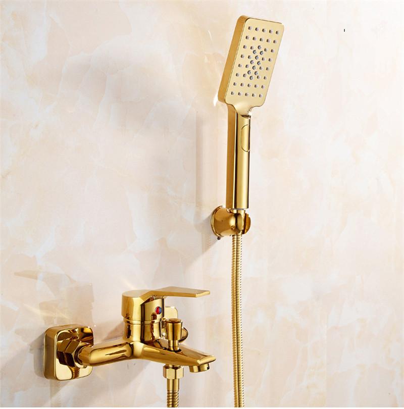 Tuqiu Badewannen- und Duscharmatur-Set, Wandmontage, goldene Duscharmatur, Badezimmer-Mischbatterie für kalte und heiße Badewanne und Dusche, Messing