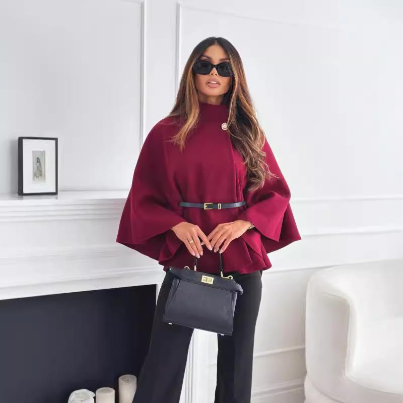 New 2024 Women's Winter Fashion Woolen Waist-Tie Cape Coat