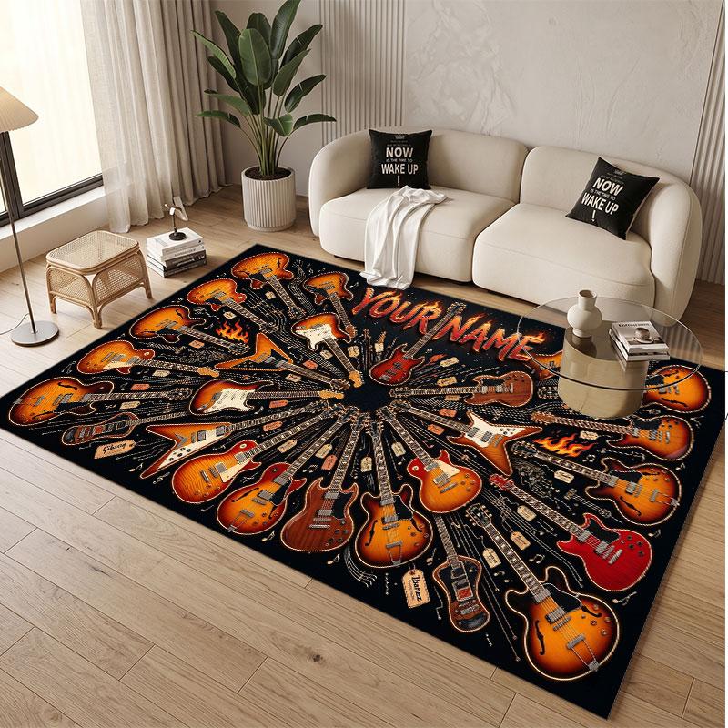 Music Guitar Theme Soft Crystal Velvet Rug Custom Name & Text Print Non Slip Floor Rug for Bedroom Living Room