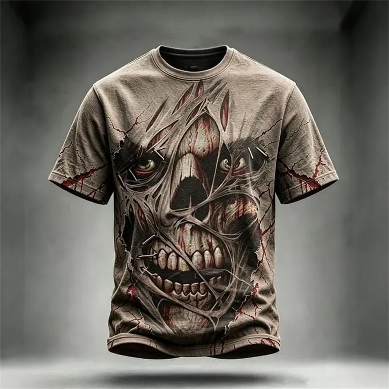 Men's Casual Round-Neck Short-Sleeve T-Shirt Trendy Men's Top with Flame and Skull Print  Shirt for Holiday Parties