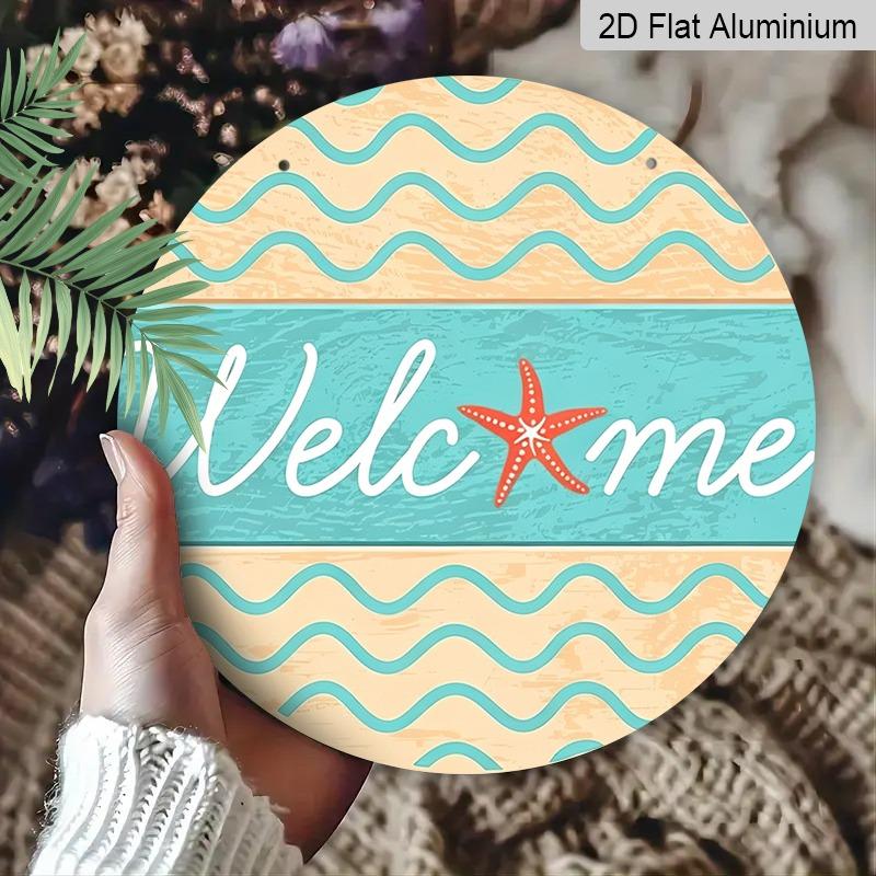 2D Flat Beach Starfish Welcome Sign, Aluminum Decorative Sign and Plaque, Various Sizes. Wave Beach Theme Nautical Style Wall Decoration Suitable for