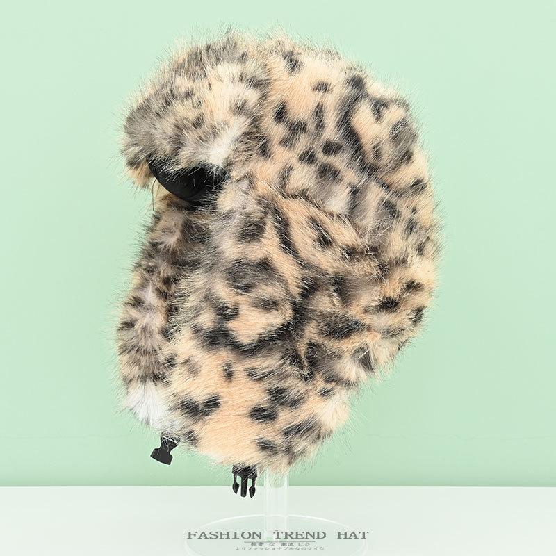 Thunderbolt-Mütze mit Leopardenmuster für Damen, für den Winter, verdickt, warm, Kaninchenfell-Imitat, Plüsch, Ohrenschutz, Mütze für Schnee, Country, kalte Mütze für Herren
