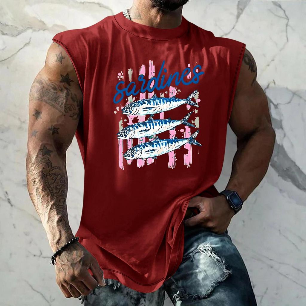 Pánské tílko s vtipným potiskem a retro texturou, volný střih, prodyšné, na letní sporty a streetwear, ležérní pro každodenní nošení