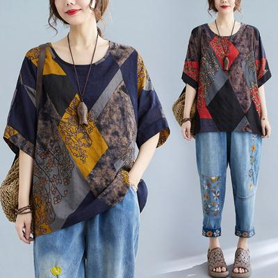 Cotton and Linen Plus Size Women's Mother Wear Summer Literary Retro Casual Printed Shirt Loose Bat Sleeve Top