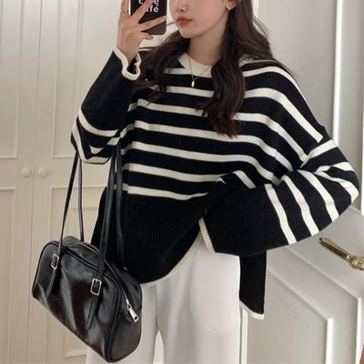 Striped Pullover Knitted Sweater for Women Casual Loose Long Sleeve Round Neck Sweaters Base for Outerwear Trend