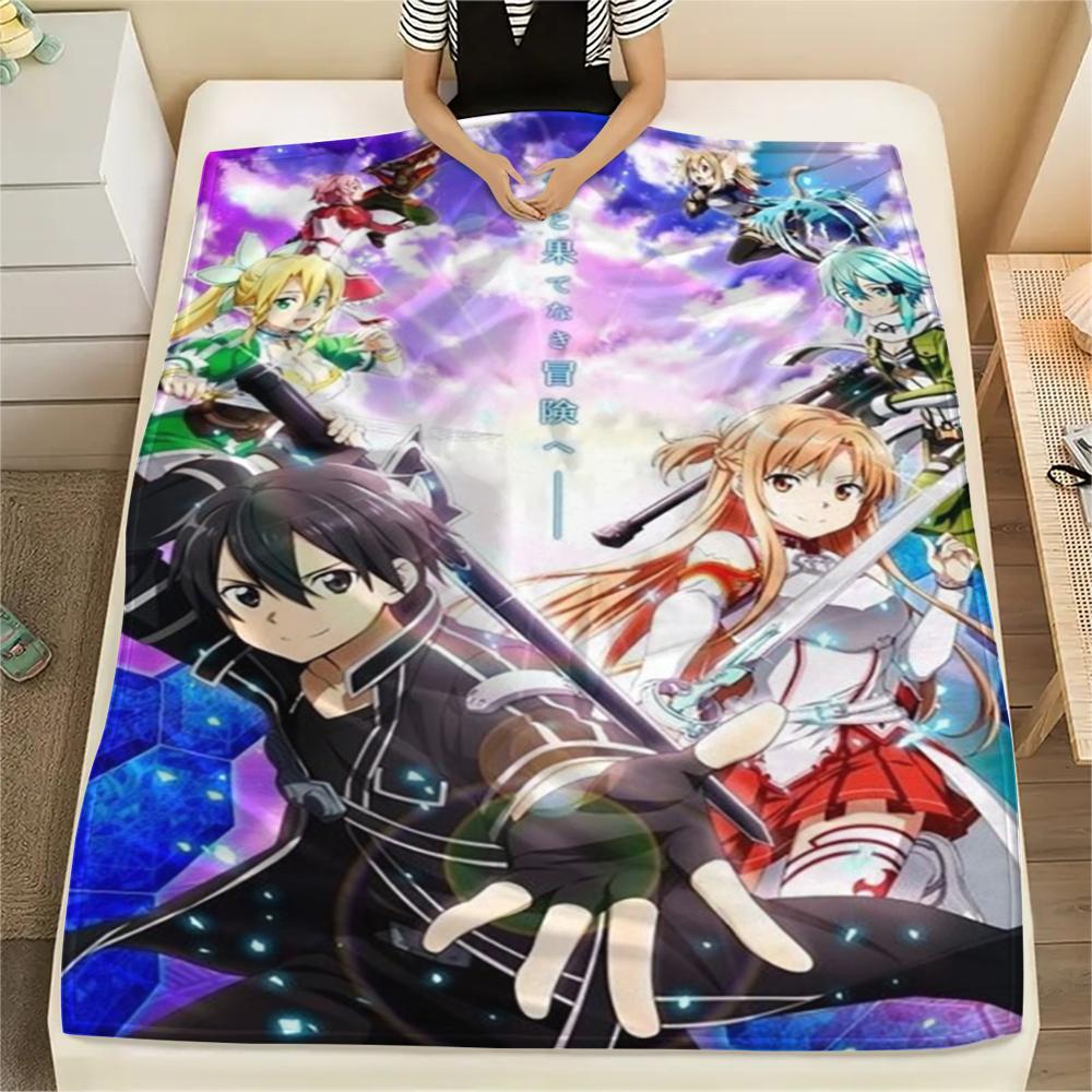 1PC Sword Art Online Print Flannel Blanket, High quality Comfortable for All Seasons, Home Decor, Warmth and Comfort, Perfect for Christmas Gifts