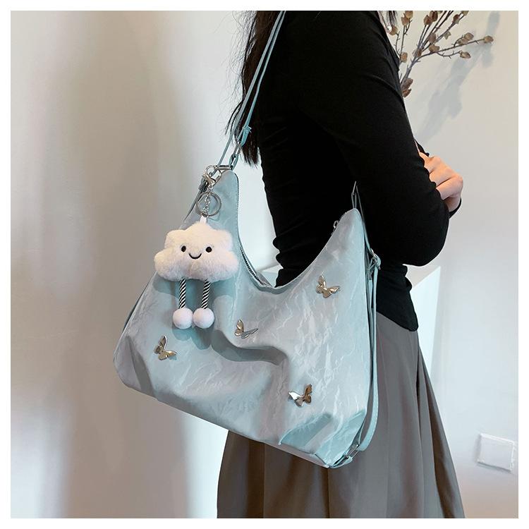 Women's Faux Leather Large Capacity Shoulder Bag, Soft Single Strap Crossbody Purse, Butterfly Decorated Commuter Tote with Zipper Closure