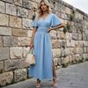 European and American Cross-border Foreign Trade New Women's Clothing Solid Color Dark V-neck, Waist Long Skirt, Split Skirt Dress Women