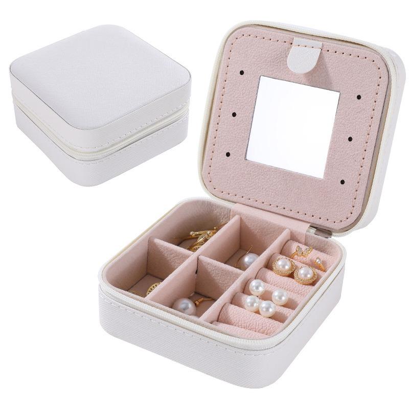 1pcs Portable Mirror Split Zipper Earring Earrings Necklace Jewelry Box Storage Jewelry Box Leather bag