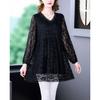 Middle Aged Mother Long Sleeve V-Neck Tops Loose Mid-Lentgh Women T-Shirt Spring Large Size Lace Bottoming Shirt