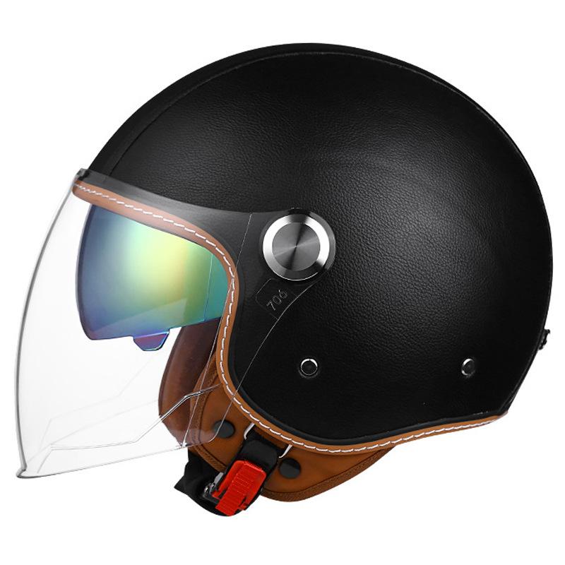 Double Striation Double Visor Leather Jet Helmets Daul Lens DOT Retro Open Face Motorcycle Helmets Double Visor Racing Helmet