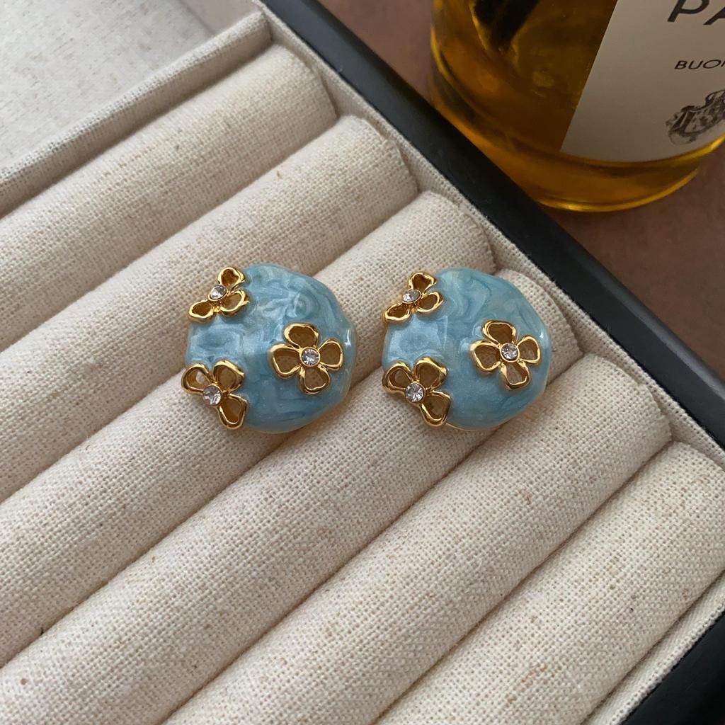 Elegant Vintage Blue Floral Enamel Dangle Earrings - Geometric Style, Blogger Recommended