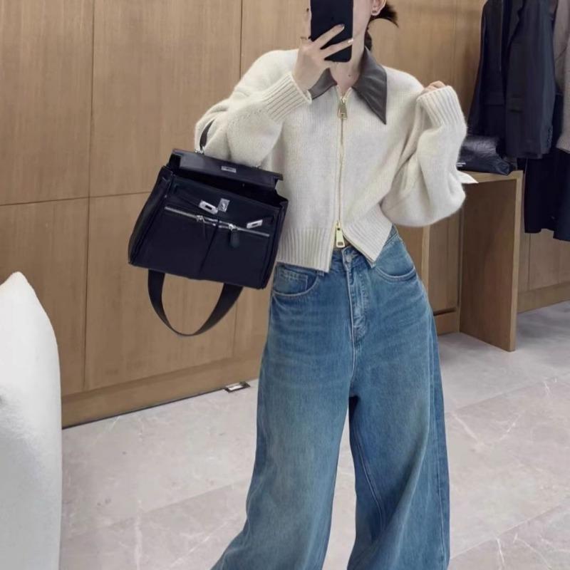 Autumn and Winter New Design Lapel Knitted Cardigan Top Women's Contrasting Color Soft Waxy Sweater Jacket Tide