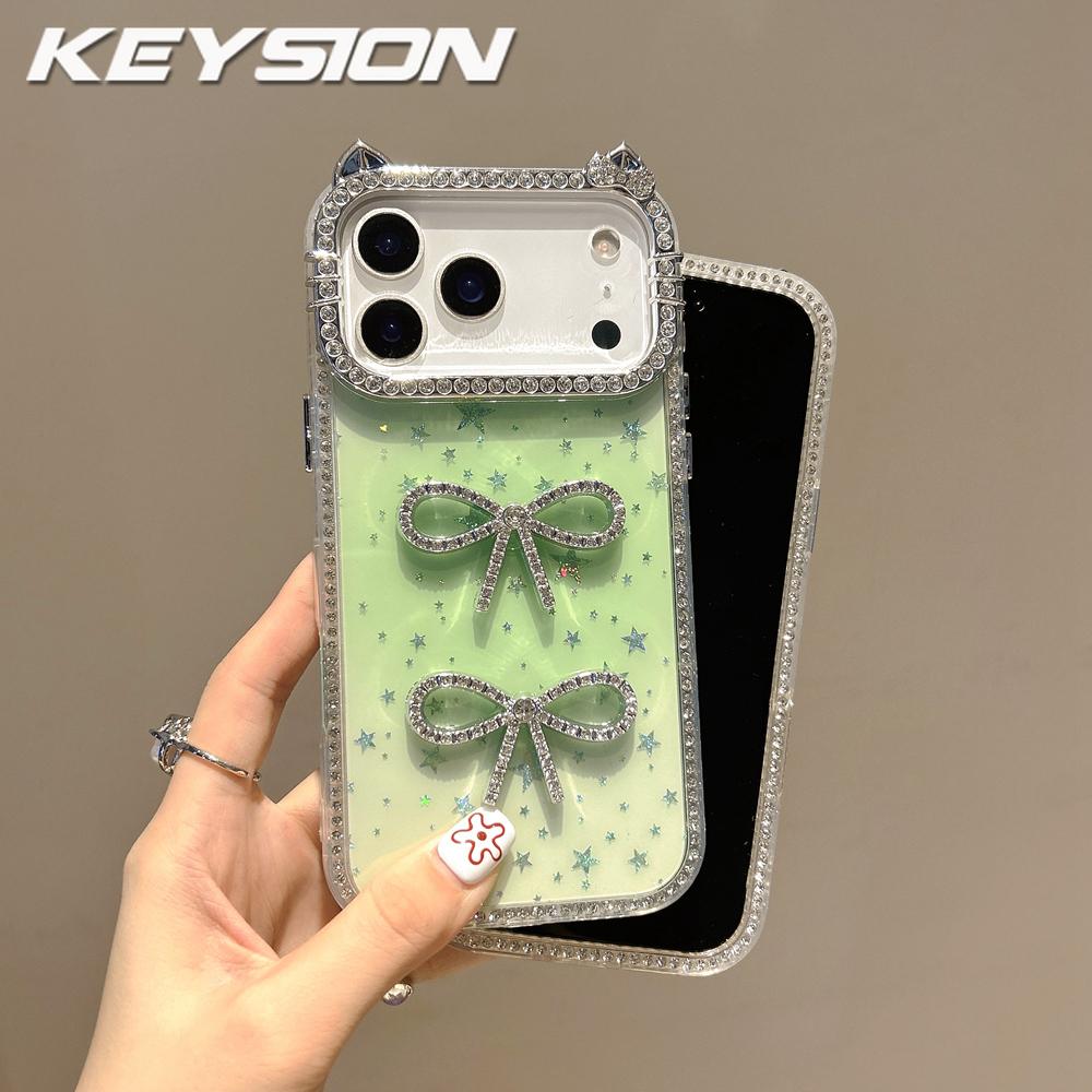 KEYSION Cute 3D Cat Ear Transparent Phone Case for iPhone 14 15 Pro Max 14 15 Plus Glitter Jewelled Bowknot Shockproof Back Cover