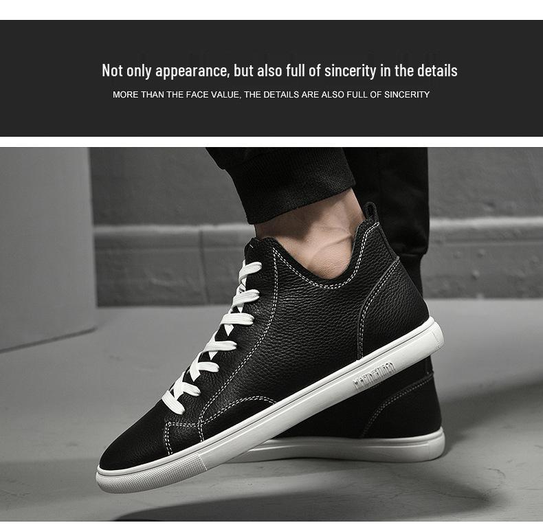 Men's Korean Style Velvet-Lined Mid-Top Leather Sneakers - Trendy Casual Cowhide Patchwork, Large Sizes Available.