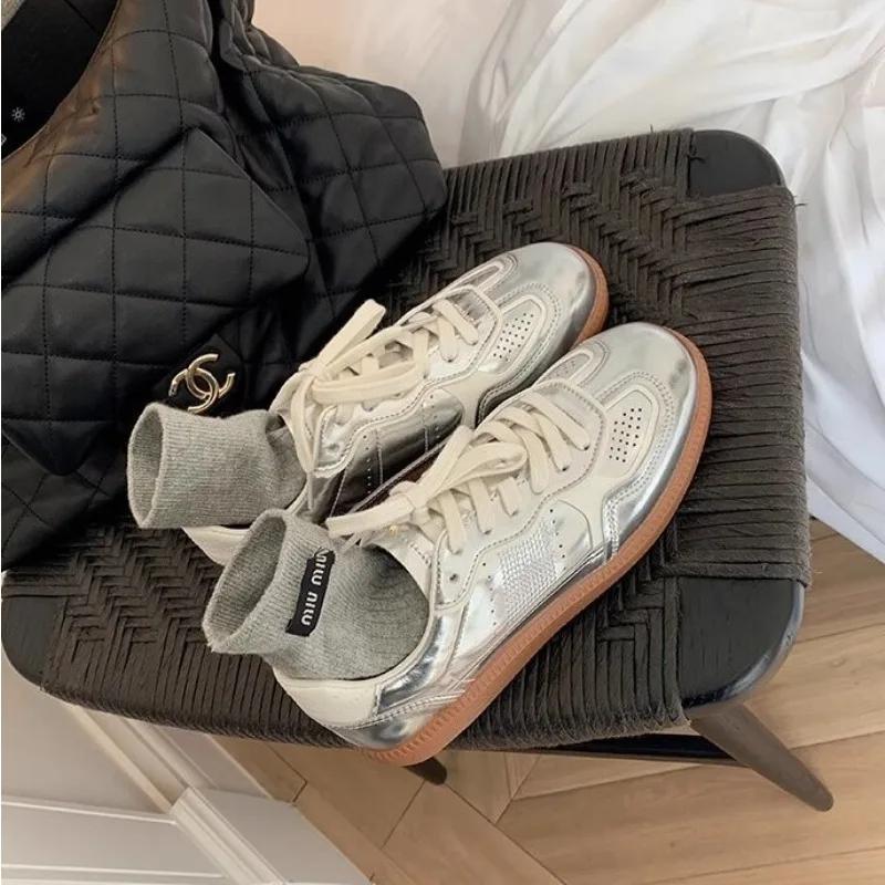 Damen Outdoor Silber Jogging-Sneakers Lässig Skateboard Flats Laufschuhe Schnürung Elastisch Tennis Sportschuhe