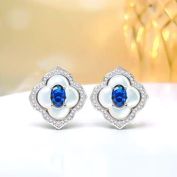 Light Luxury Design Four-Leaf Clover Fritillary Pendant Necklace High Carbon Diamond Ring Blue Spinel Stud Earrings Temperament Colorful Treasure Set