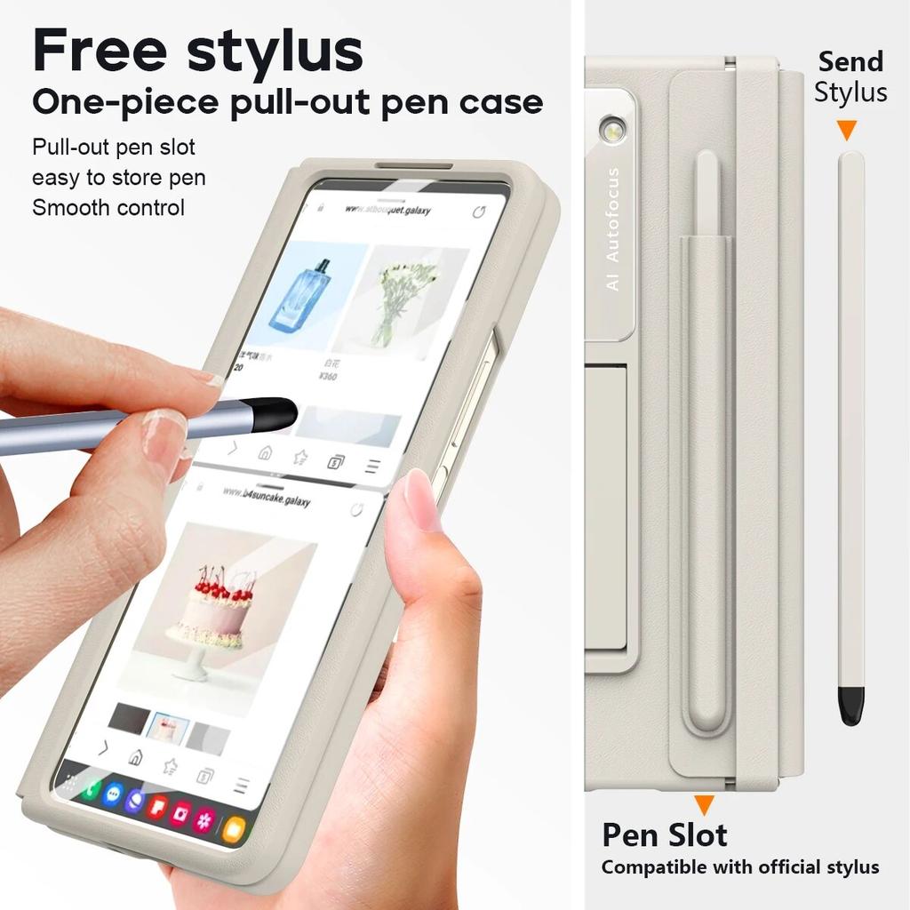For Samsung Foldable Leather Phone Case for Samsung Galaxy Z Fold4 with Pen Phone Shell for Galaxy Z Fold 5 Folding Bracket Cover