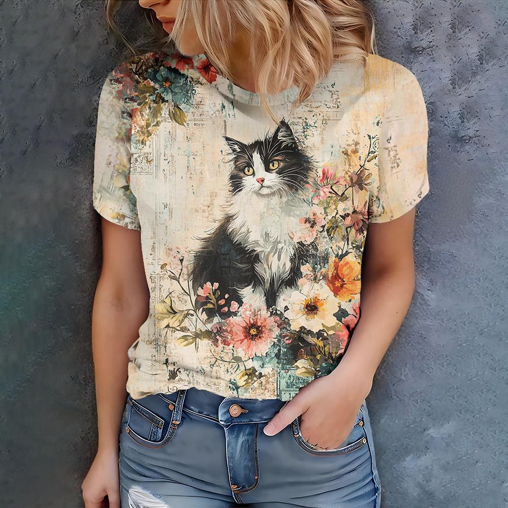 

Summer Round Neck Women s T-shirt Fashionable and Elegant Garden Cat 3D Printed Top Comfortable Loose Short Sleeve T-shirt S