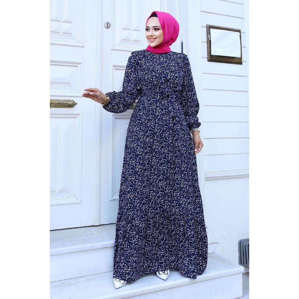 Ruffle Detailed Floral Viscose Dress Tsd240614 Black