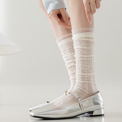 Solid-colored Calf Socks for Women, Summer Thin, Hollow Mesh Long Socks, Sweet Lace Ballet-style Pile Socks, Boneless Socks