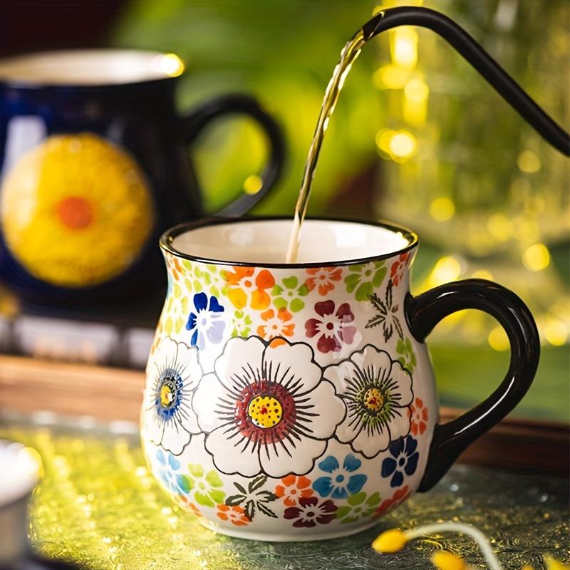 [Elegant Floral Ceramic Mug] 1pc Elegant Hand-Painted Floral Ceramic Mug - Microwave Safe, Insulated for Hot & Cold Drinks - Unique Coffee Accessory