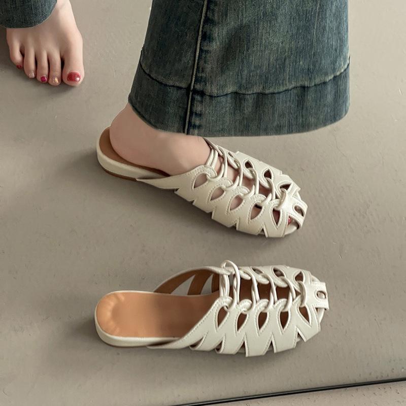 Breathable fashion girls bag head slippers summer retro design hollow sandals with skirt slope heel cool slippers
