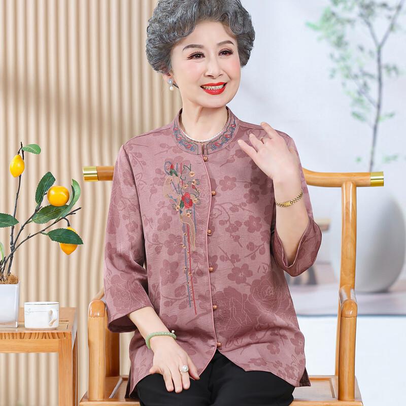 Elderly Women's Embroidered Seven-Quarter Sleeve Summer Shirt