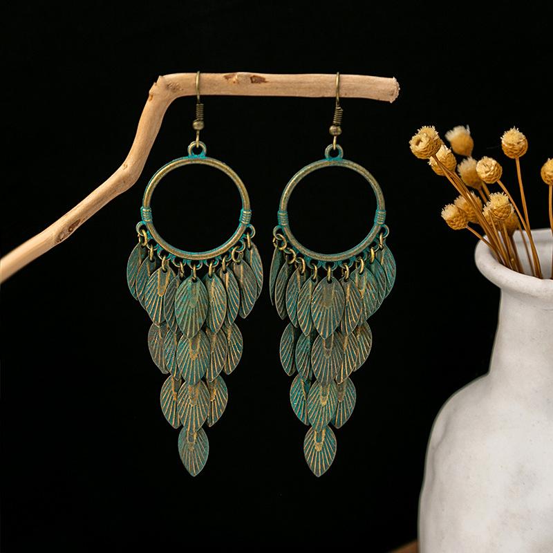 Turquoise Earrings, Vintage Owl Geometric Dream Catcher Feather Fringed Earrings Female
