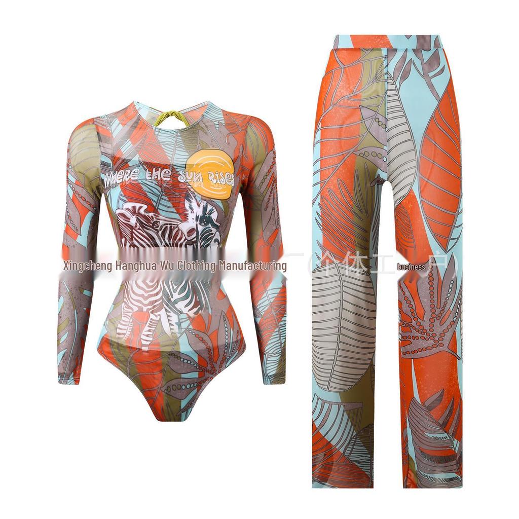 Costume da bagno intero da donna a maniche lunghe in rete con protezione solare e pantaloni