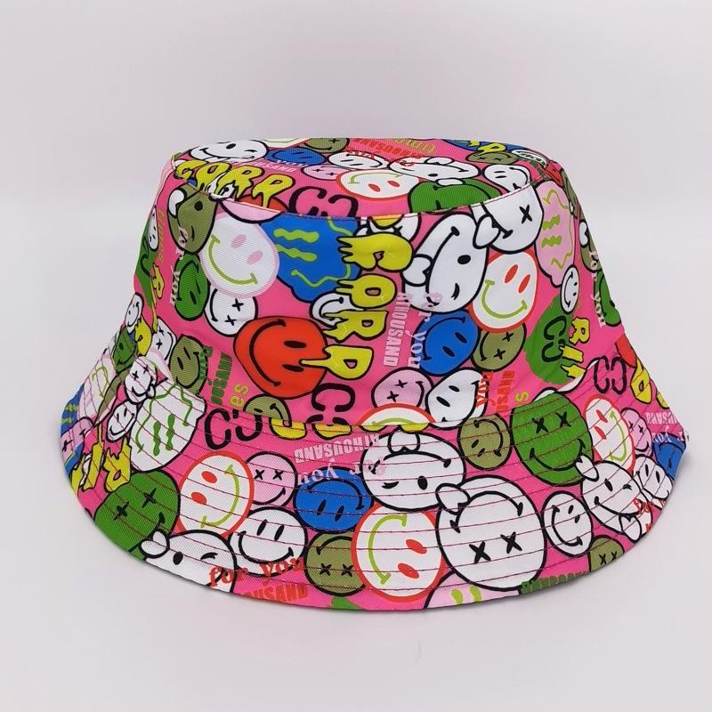 Europäischer und amerikanischer kreativer neuer Cartoon-Eimerhut Smiley-Gesicht Druck Damen Sommer Outdoor-Sonnenhut Persönlichkeits-Trend