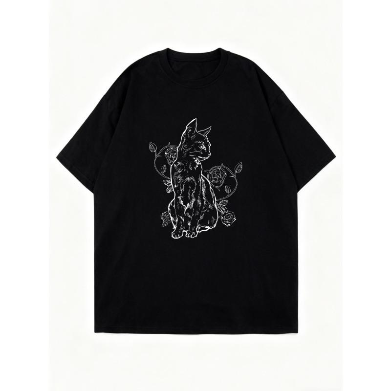 Black Oversized T Shirt With Cat And Rose Floral Print For Casual Wear