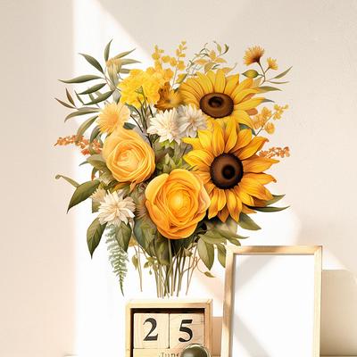 Warm Sunflower and Green Leaves Wall Sticker Self-Adhesive Removable Wall Decor for Bedroom Living Room Hallway Home Decoration