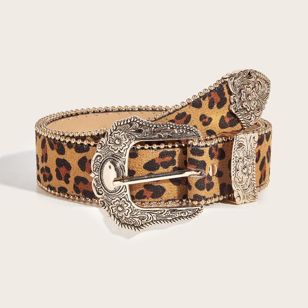 Cinto de Couro PU Estampado de Leopardo Cós de Camurça Vintage Cinto com Fivela Esculpida Gótico Streetwear