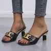 Outer Size Summer New Medium Heel Open-toed Slippers Women Wear One-character Square Heel Cool Slippers Wish