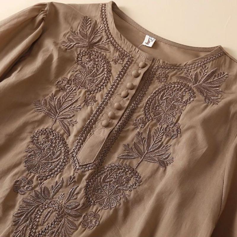 Dámský top s krátkým rukávem, uměleckým retro volným designem a vyšívaným kulatým výstřihem, tenký bavlněný a lněný