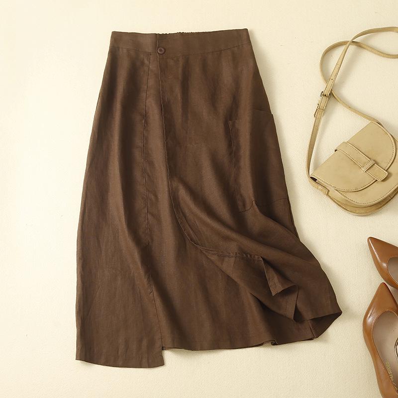 Fustă Midi A-Line Retro de Vară pentru Femei din In Pur cu Talie Înaltă