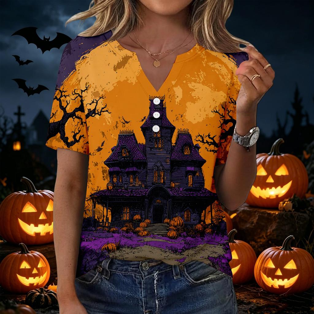 Womens Casual Halloween Printed V Neck Short Sleeve Button Down T Shirt Top for Daily Wear Holiday Party Outfit