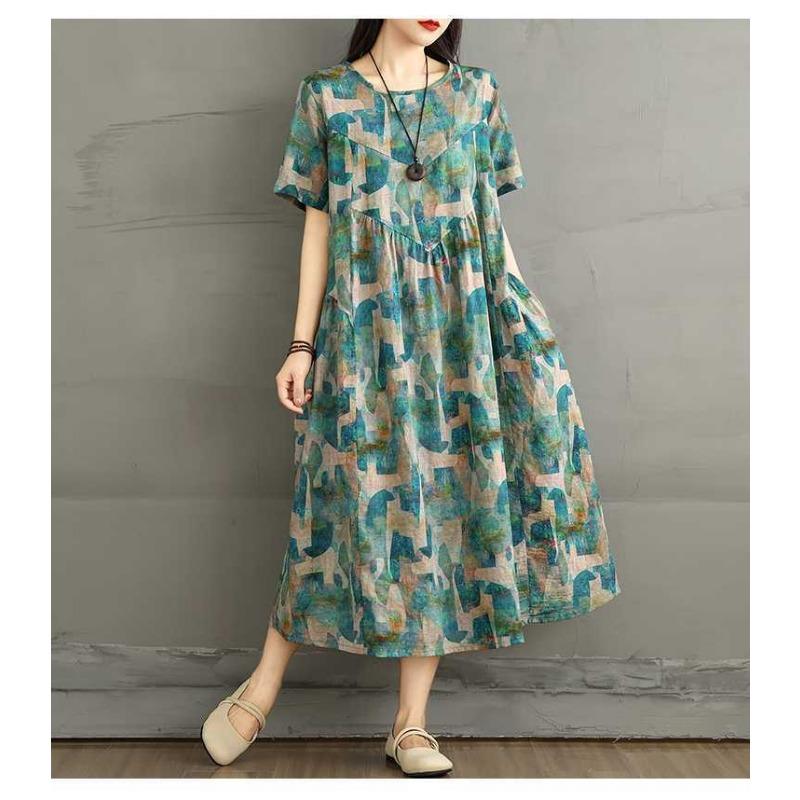 Summer Retro Cotton and Linen Round Neck Short Sleeved Dress, Women's Loose Skirt