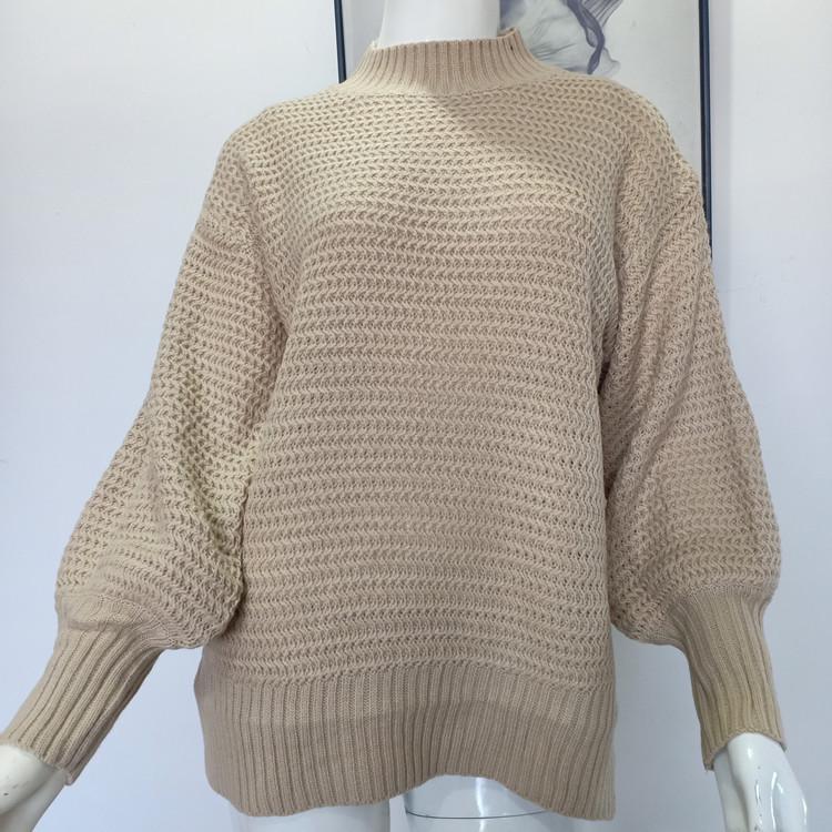2025 Autumn/Winter Women's Chunky Knit Side-Slit Sweater: Semi-High Neck, Loose Fit, Solid Color, Long Sleeve.