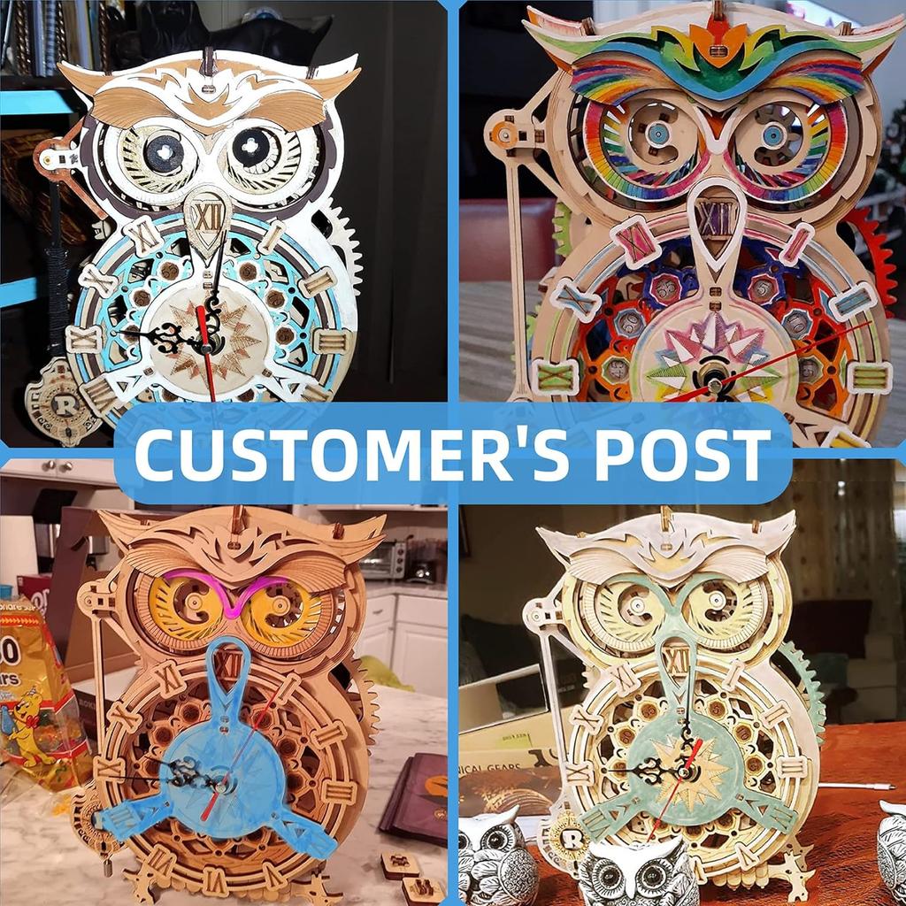 ROBOTIME ROKR Owl Clock Mechanical Gears 3D Wooden Puzzle LK503