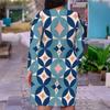 Women Plus Size Blue Pink Geometric Printed V Neck Long Sleeve Fitted Dress