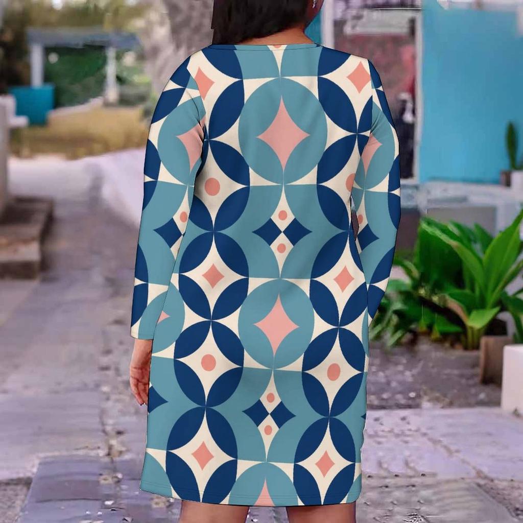 Women Plus Size Blue Pink Geometric Printed V Neck Long Sleeve Fitted Dress