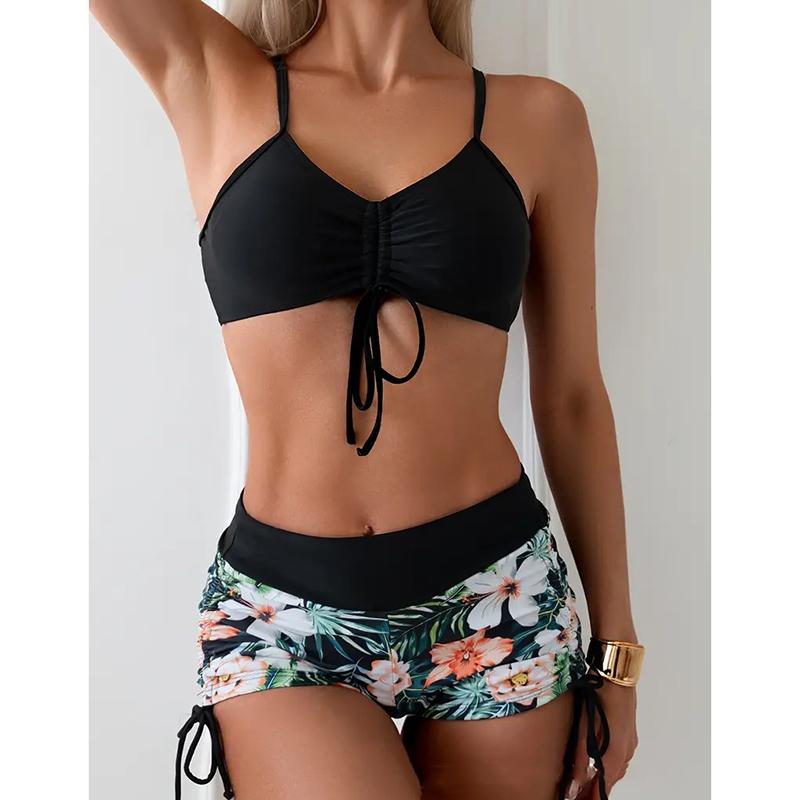 Two Piece Women Swimsuit Bathing Suits Floral Tropical High Waist Beachwear Board Shorts Halter Tops Bikinis Set