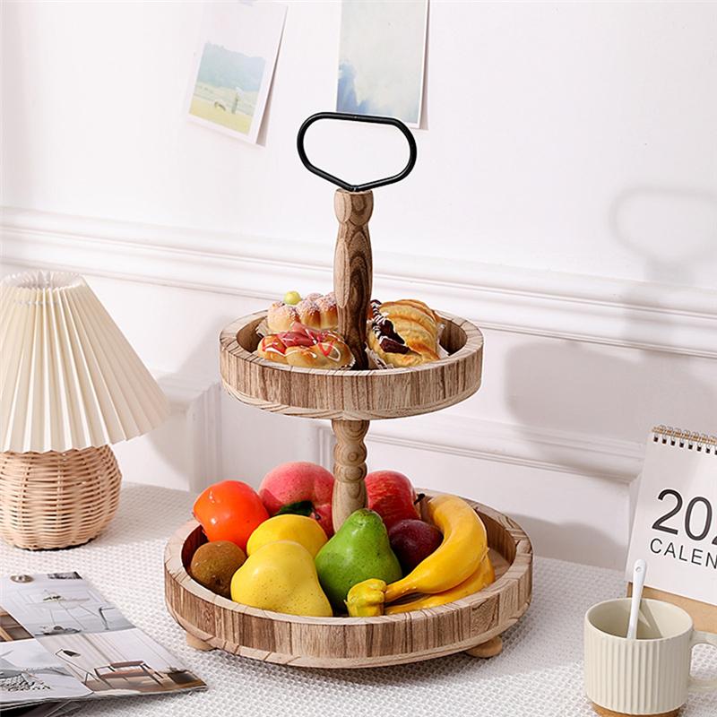 CYCLI-Rustic Style Wooden Tiered Tray, Farmhouse Decorative Tray, Round Tray With Metal Handles