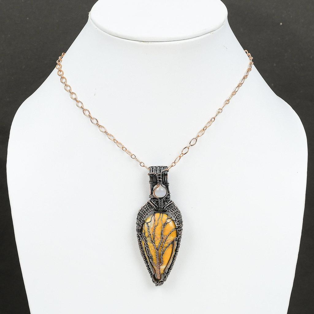 Lebensbaum Maligano Jaspis Anhänger Kupferdraht umwickelter Anhänger Handgefertigter Edelsteinschmuck Regenbogenmondstein Anhänger Drahtwickelschmuck