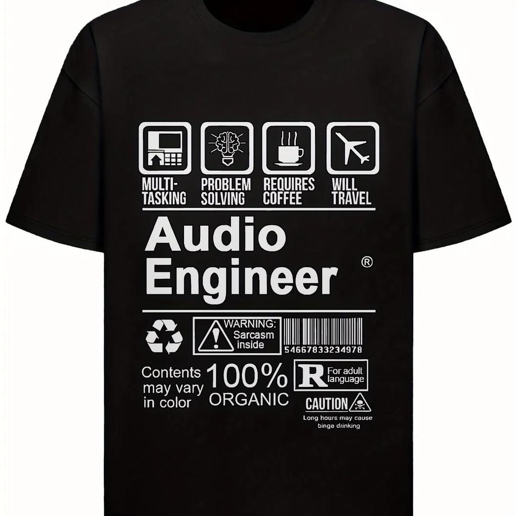 2026 Unisexs Fun Audio Engineer Pattern Letter Printed Round Neck Tshirt Gift 100 Cotton Summer Black Short Sleeve Large