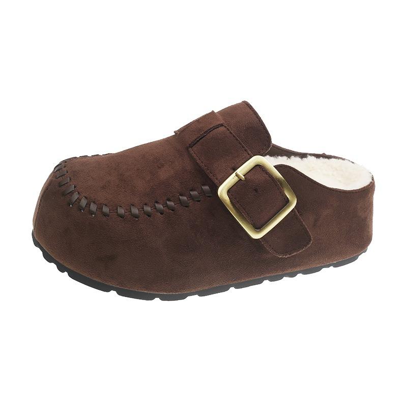 Cowhide Version Thick-soled Bag Head Half Slippers, Wear New Lamb Wool Shoes Cotton Slippers In Autumn and Winter